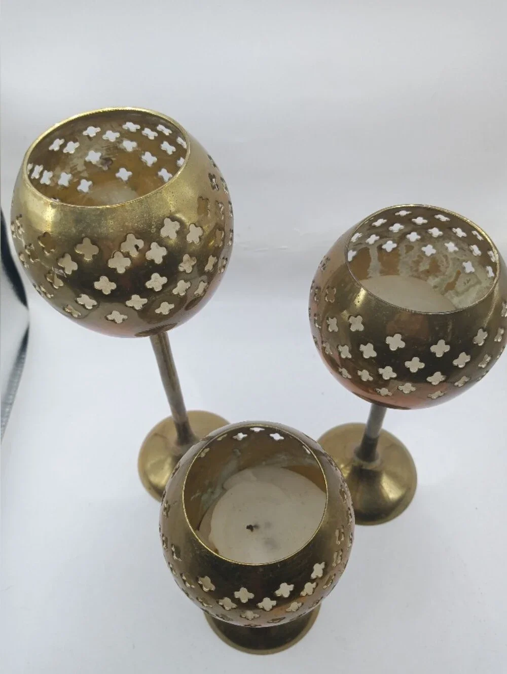 Vintage Brass Goblet Tea Light Candle Holders Pierced Cutout India Set Of 3